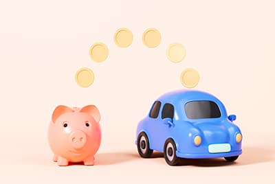 Illustration d'un cochon en forme de tirelire à côté d'une petite voiture bleue avec des pièces de monnaie autour