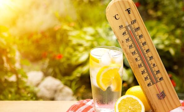 Un thermomètre affichant 40°c posé sur un verre rempli d'eau rempli de glaçons et de rondelles de citron