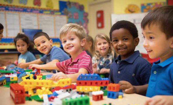 Un groupe de tout petits jouant à des jeux de construction à l'école maternelle