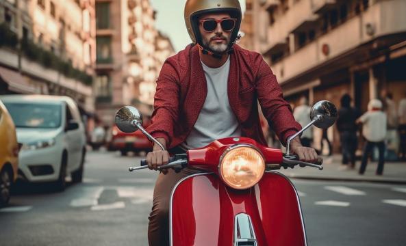 Un homme avec une chemise rouge ouverte sur un scooter rouge