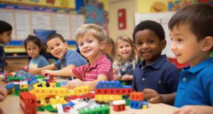 Un groupe de tout petits jouant à des jeux de construction à l'école maternelle