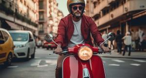 Un homme avec une chemise rouge ouverte sur un scooter rouge